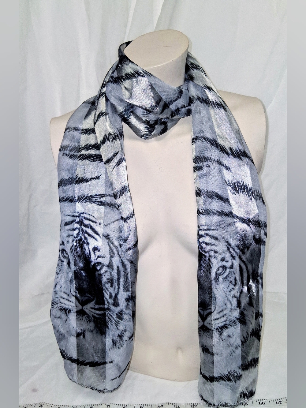 Vtg Y2K Tiger Print Chiffon Scarf Maximalist Grey Satin Stripe Sheer Shawl Korea